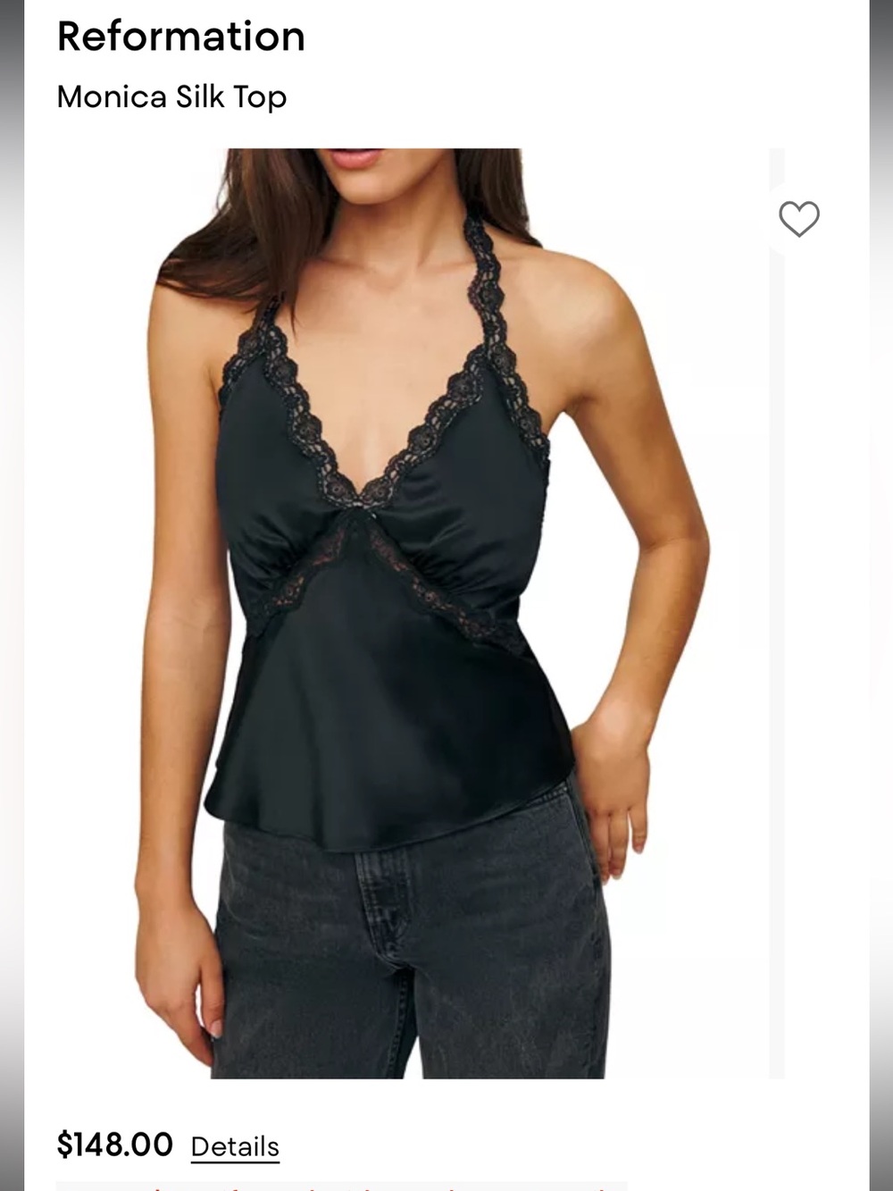 Reformation Monica Silk Lace-Trim Cami Top - Black size XS NWOT
